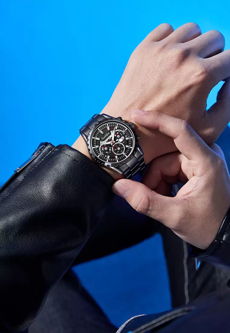 Jam Tangan Pria 8081 Kuarsa Hollow Design Kalender Tali Stainless Steel Jam Tangan Cowok Allblack