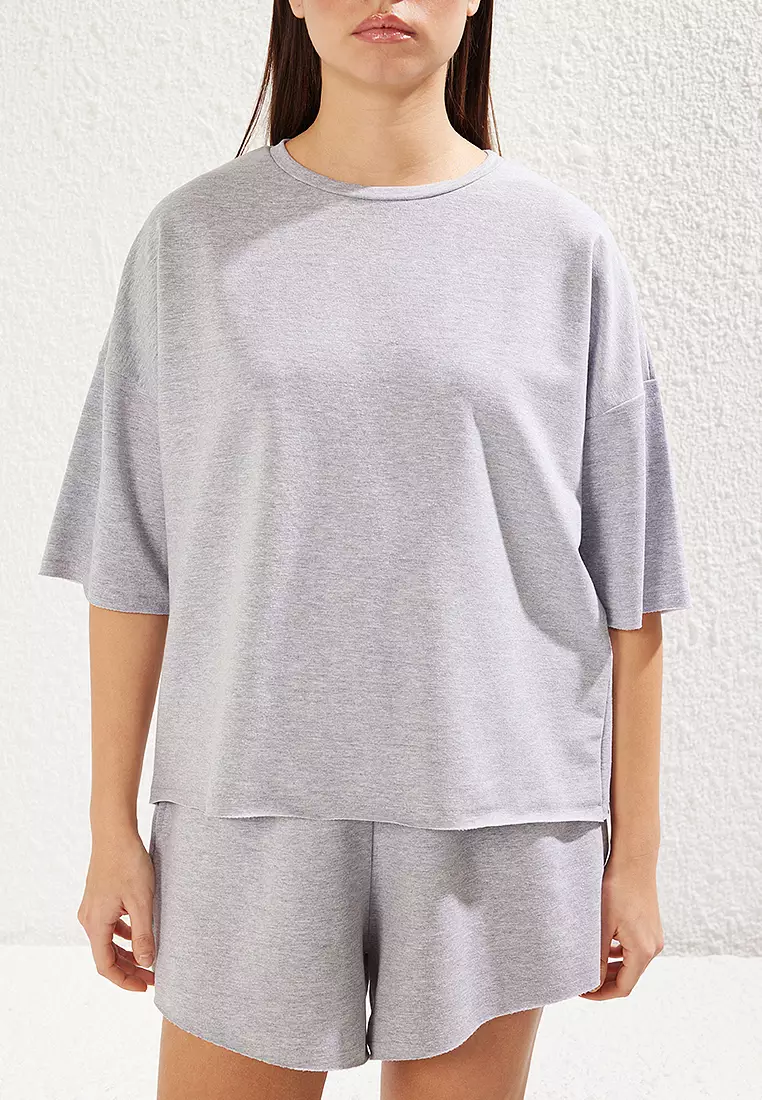 Gray Melange Oversize/Wide Pattern Thin Flexible Shorts T-Shirt Knitted Top Bottom Set