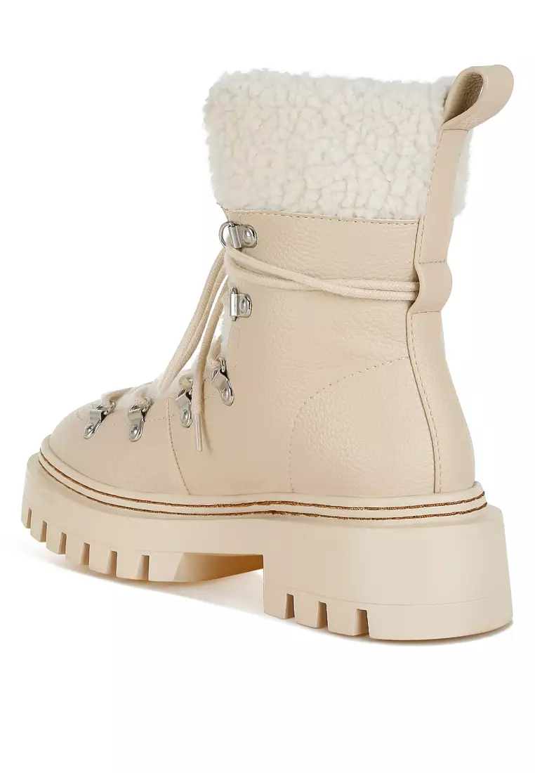 Fleece & Faux Leather Boots in Off White