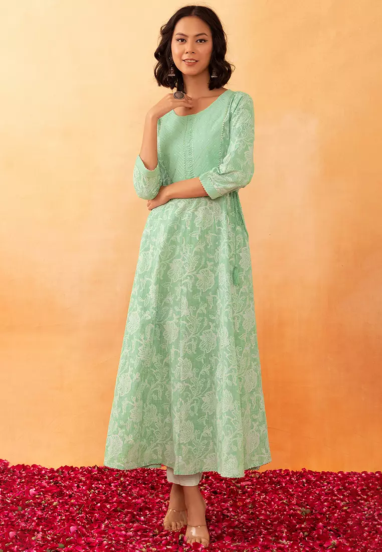 Buy Indya Light Green Floral Jaal Print Cotton Dress Online | ZALORA  Malaysia