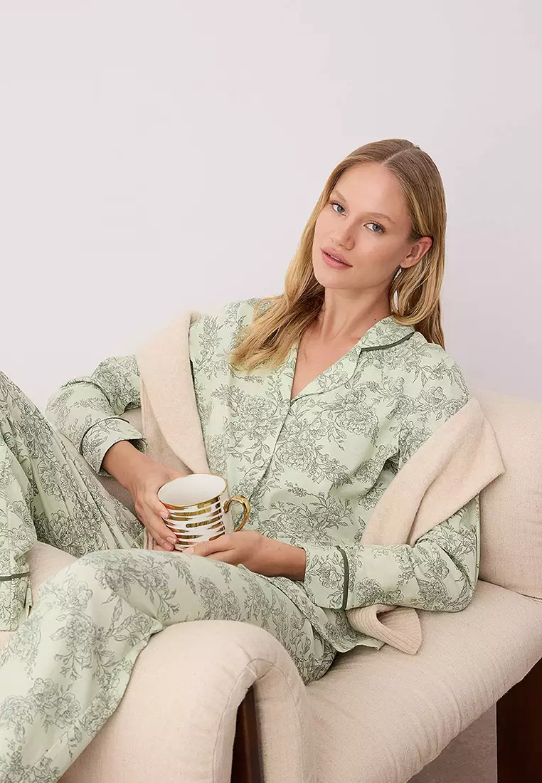Floral Shirt Collar Knitted Pajama Set