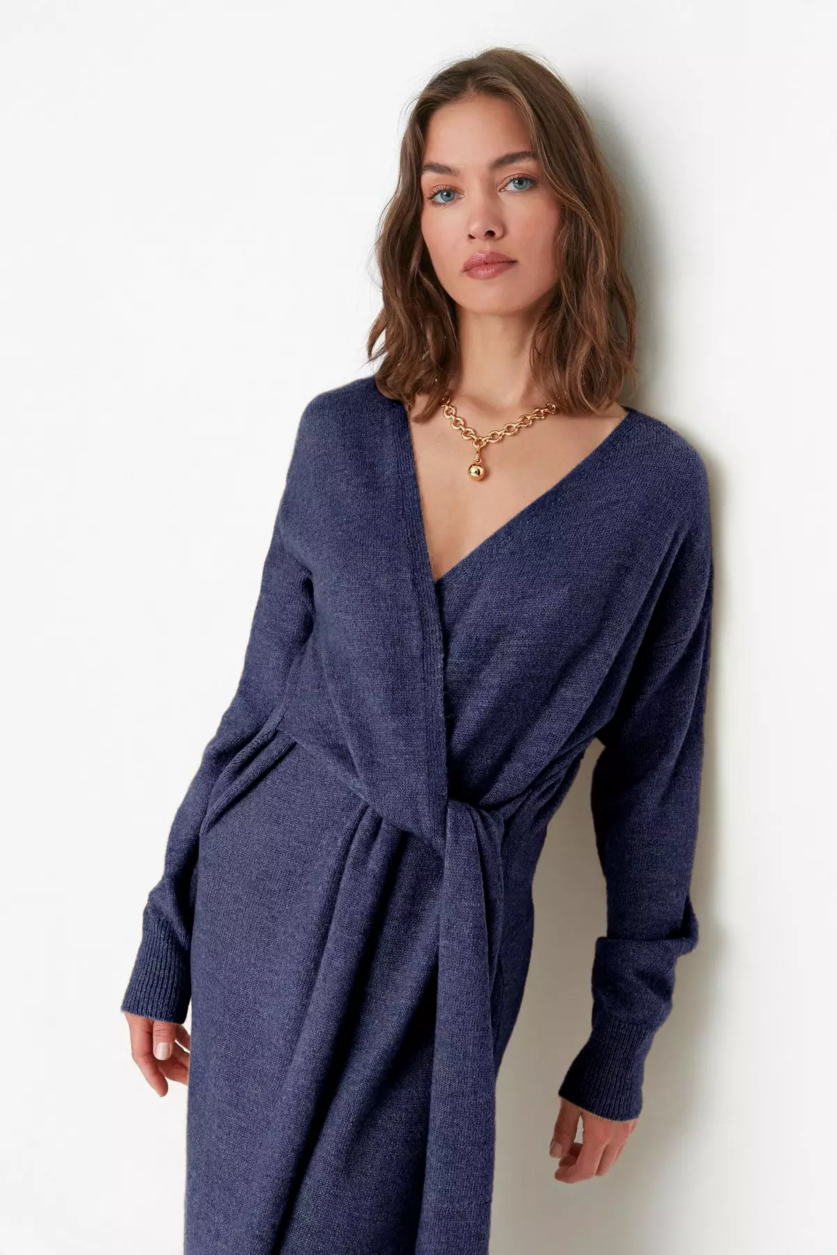 Navy Blue Soft Texture Midi Knitwear Double Breasted Collar Tie Up Dress