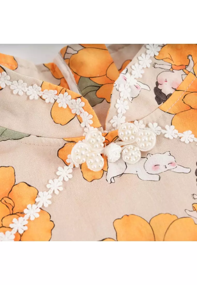 向日葵小女孩與貓嬰兒兒童女童旗袍連衣裙0846