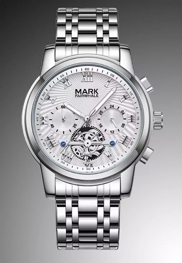 中性款不鏽鋼計時石英錶，白色錶盤，41 毫米，鋼錶鍊