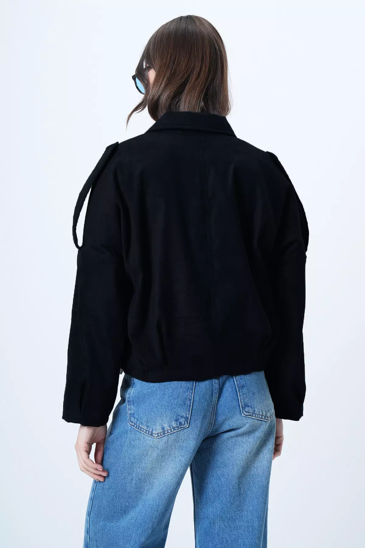 Black Shoulder Epaulettes Lined Faux Suede Bomber Jacket Alc-X14526