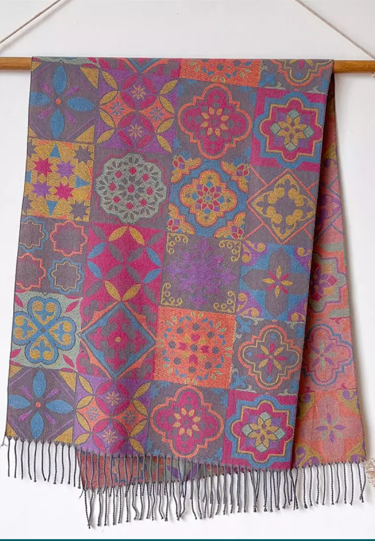 Syal Wanita Tebal Kasmir Reversible Paisley Pattern Cashmere Pashmina Shawl Rosy Pink