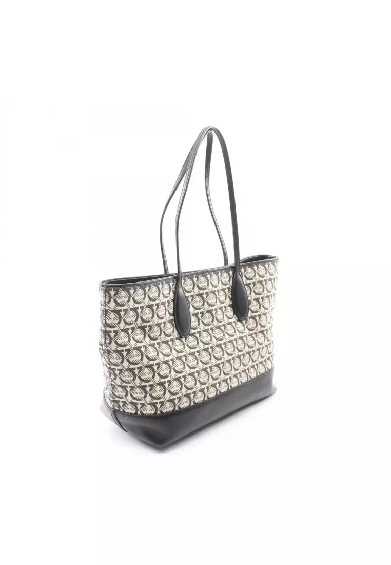 Pre-Loved Salvatore Ferragamo Gancini Shoulder bag tote bag canvas leather black beige