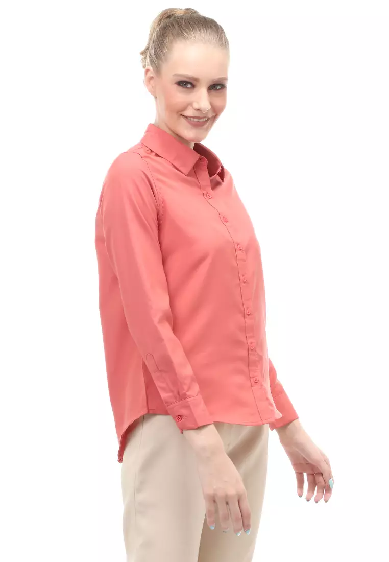 Kemeja Long Sleeves Atasan Wanita Motif Solid Shirt - Teracota