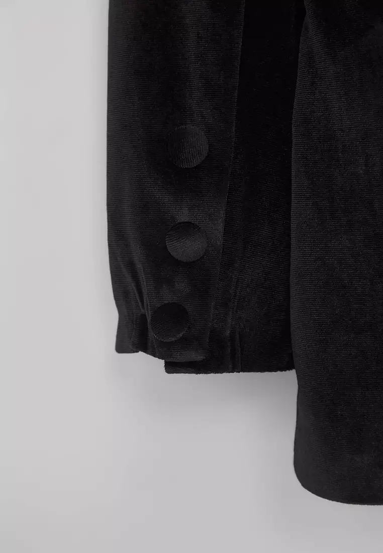 Black Double Breasted Woven Velvet Blazer Jacket Twoaw26Bc00015