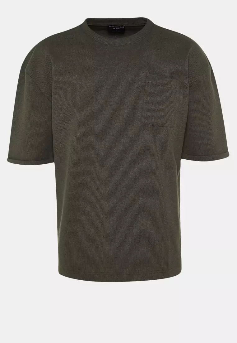 Khaki Oversize/Wide Cut Crew Neck Short Sleeve Pocket Label Detailed T-Shirt TMNSS23TS00077