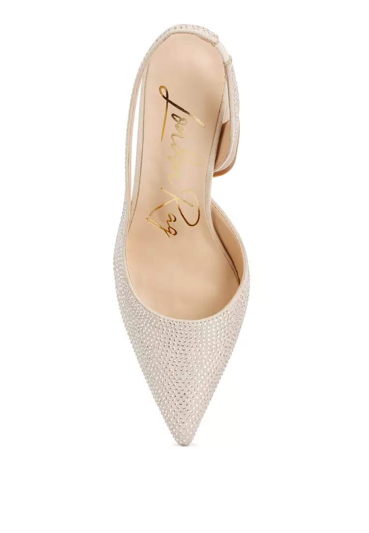 Sandal Tumit Suede Berlian Imitasi Krem