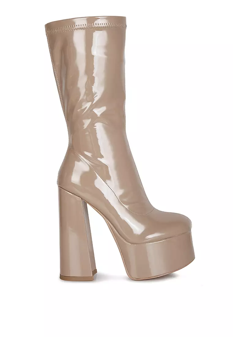 Discount on London Rag  shoes - SKU: Taupe Patent Pu High Block Heeled Ankle Boot
