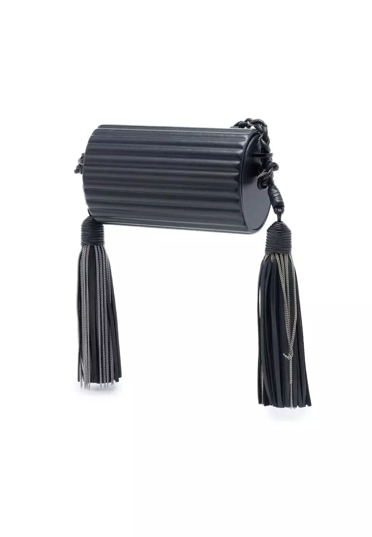Pre-Loved Saint Laurent Ribbed Acrylic Lambskin Fringe Monogram Monochrome Opium Box Bag