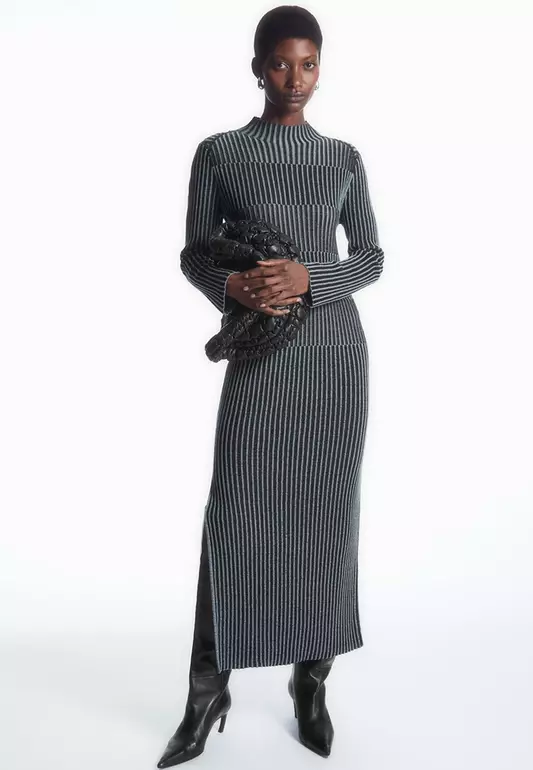 Striped Ribbed-Knit Midi Dress