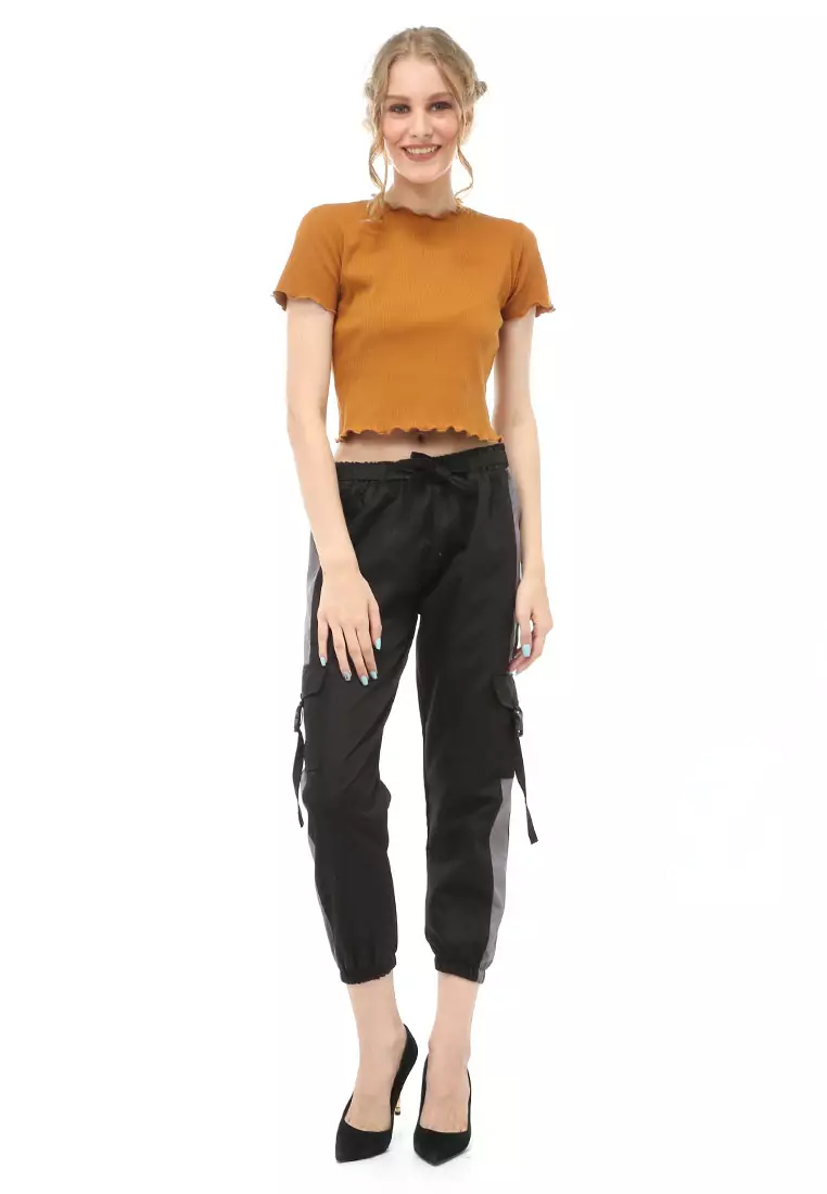 Jourel Celana Panjang Kasual Wanita Jogger Cargo Pants Plered Line Material Cotton ORIGINAL - Black Gray