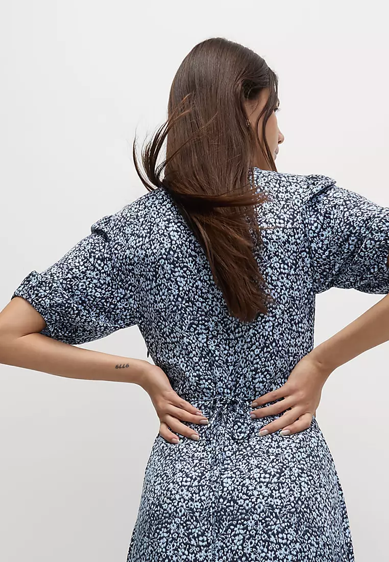 Printed V-Neck Puff Sleeve Midi Tea Dress