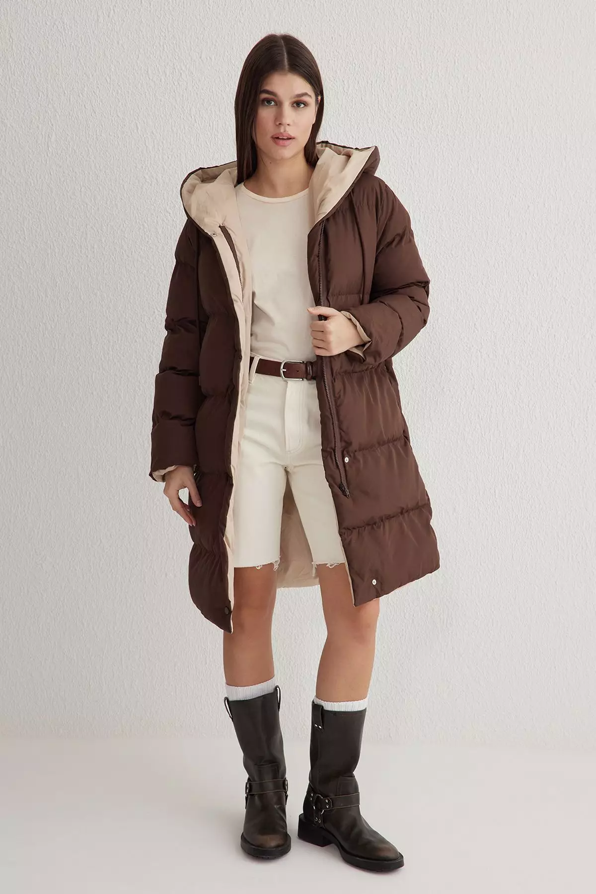 Dark Brown-Ecru Double-Sided Hooded Water Repellent Long Puffer Jacket TWOAW23MO00052