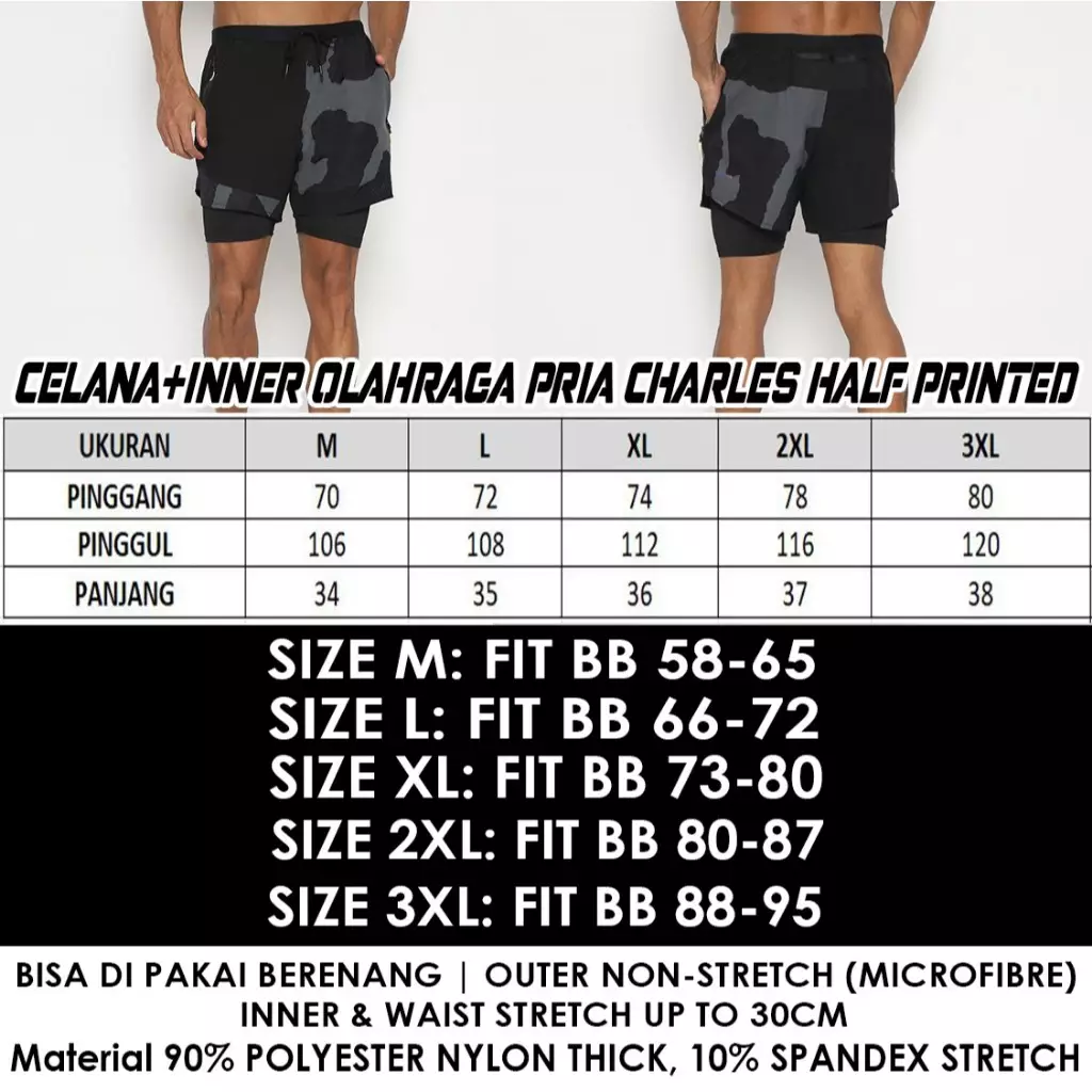 Fitwear - Celana Lari + Inner Dryfit Pria CHARLES HALF PRINTED - BLACK