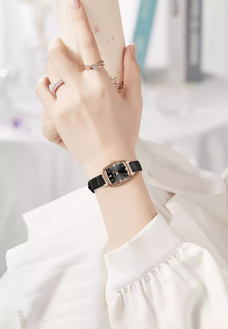 Jam Tangan Wanita 8006 Kuarsa Wanita Tali Kulit Berlian Jam Tangan Cewek Original black