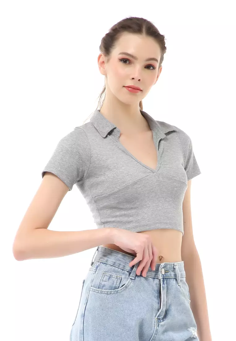 Cerise Crop Top Kaos Pendek Wanita T-Shirt Short Sleeve Plain Motive Material Cotton ORIGINAL - Light Gray