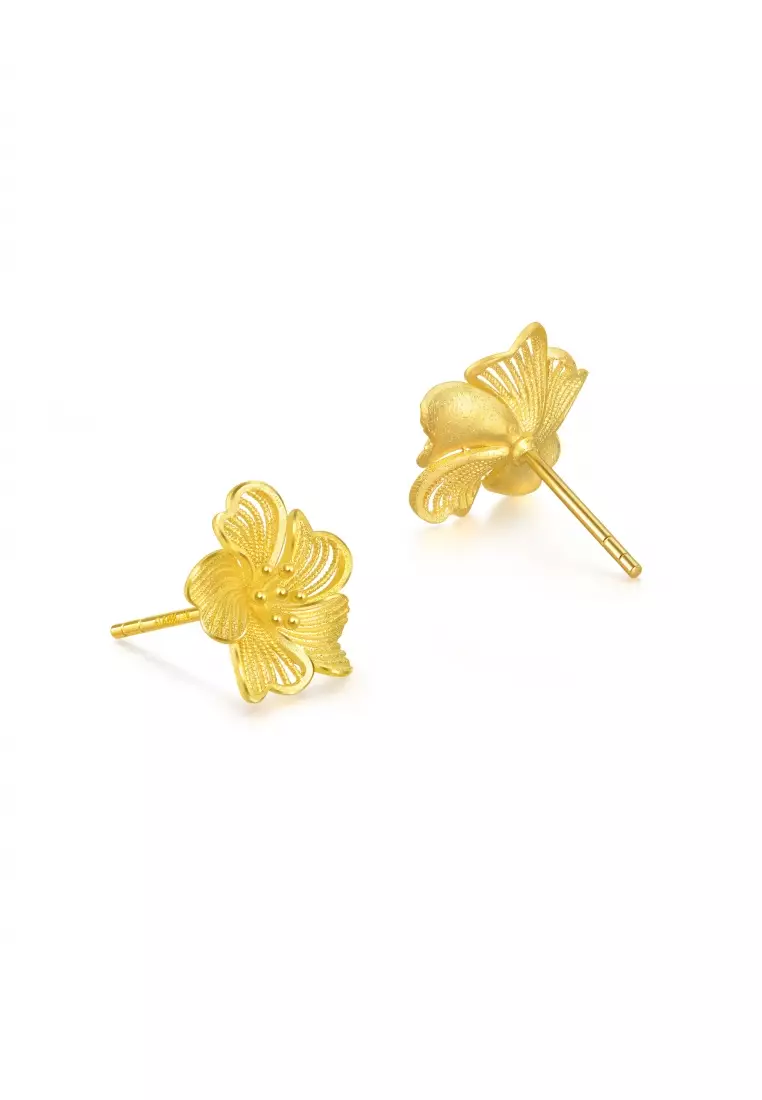 999.9 24K Gold Chinese Wedding Collection Blossom Stud Earrings for Women 95305E