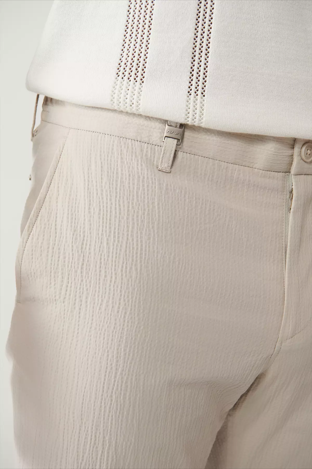 Men'S Beige Side Pocket Stretch Fabric Waffle Cotton Lightweight Relaxed Fit Trousers A41Y3202