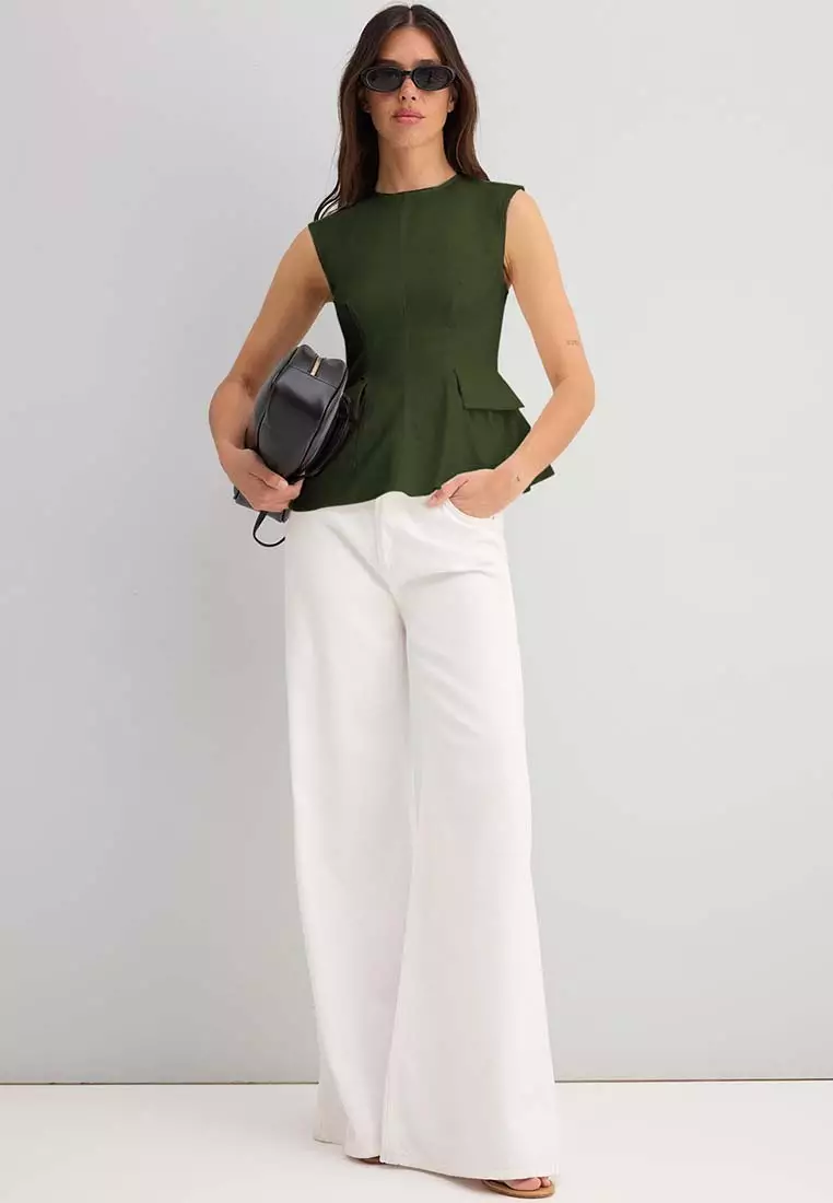 Gabardine Peplum Pocket Detail Woven Top