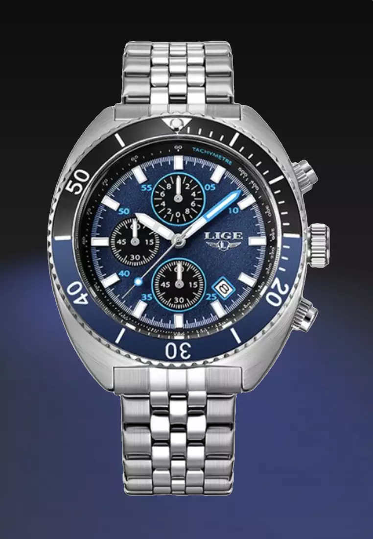 Unisex Chronograph Diver's Stainless Steel Quartz Watch with turning Bezel on Steel Bracelet