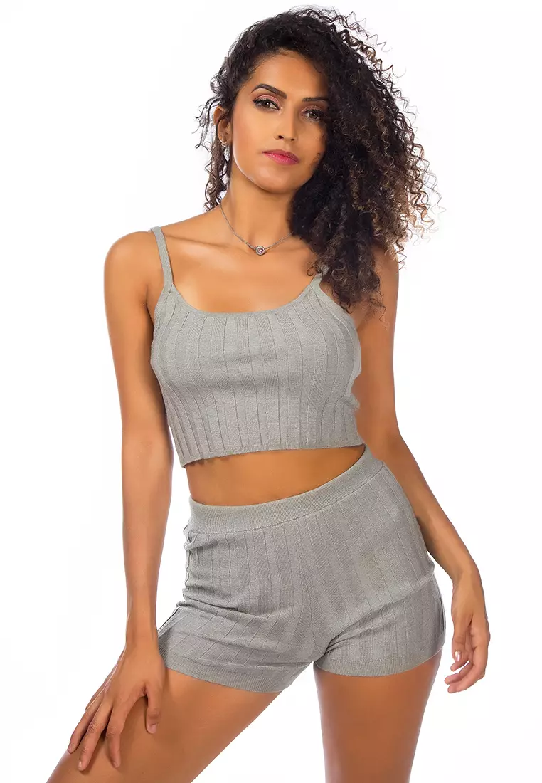 Rib Knit Spaghetti Crop Top in Heather Grey
