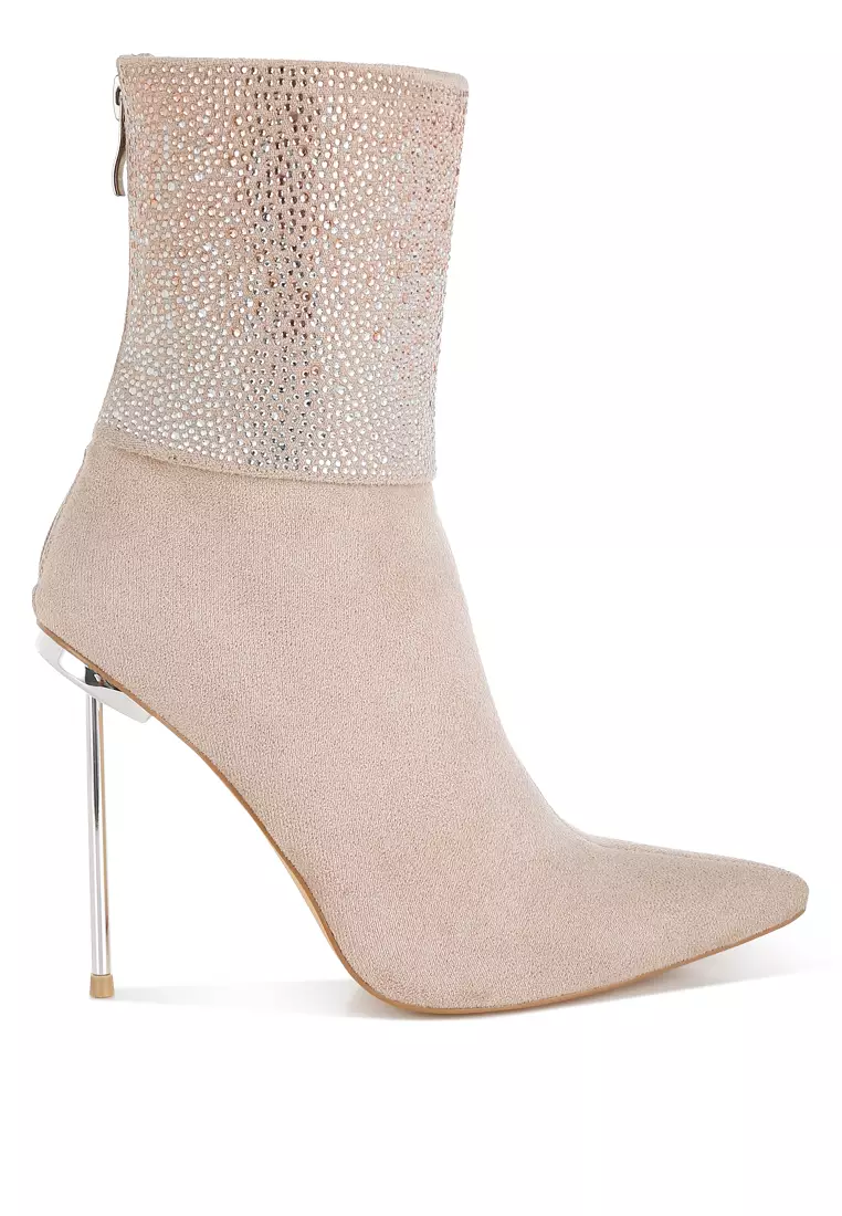 Rhinestones Embellished Foldover Boots in Beige