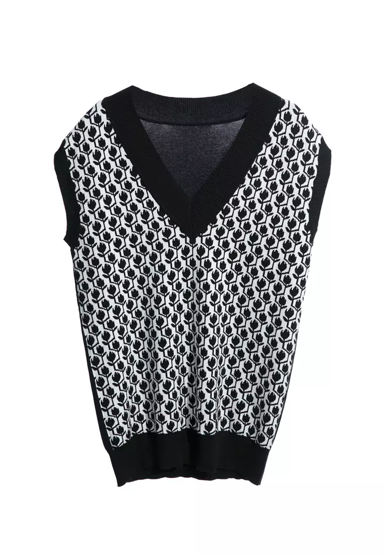 V-Neck Floral Print Knit Vest