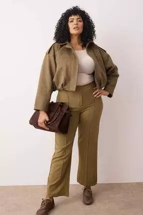 Khaki Straight/Straight Cut High Waist Ribbed Stitching Woven Pants Tbbss22Pl0301