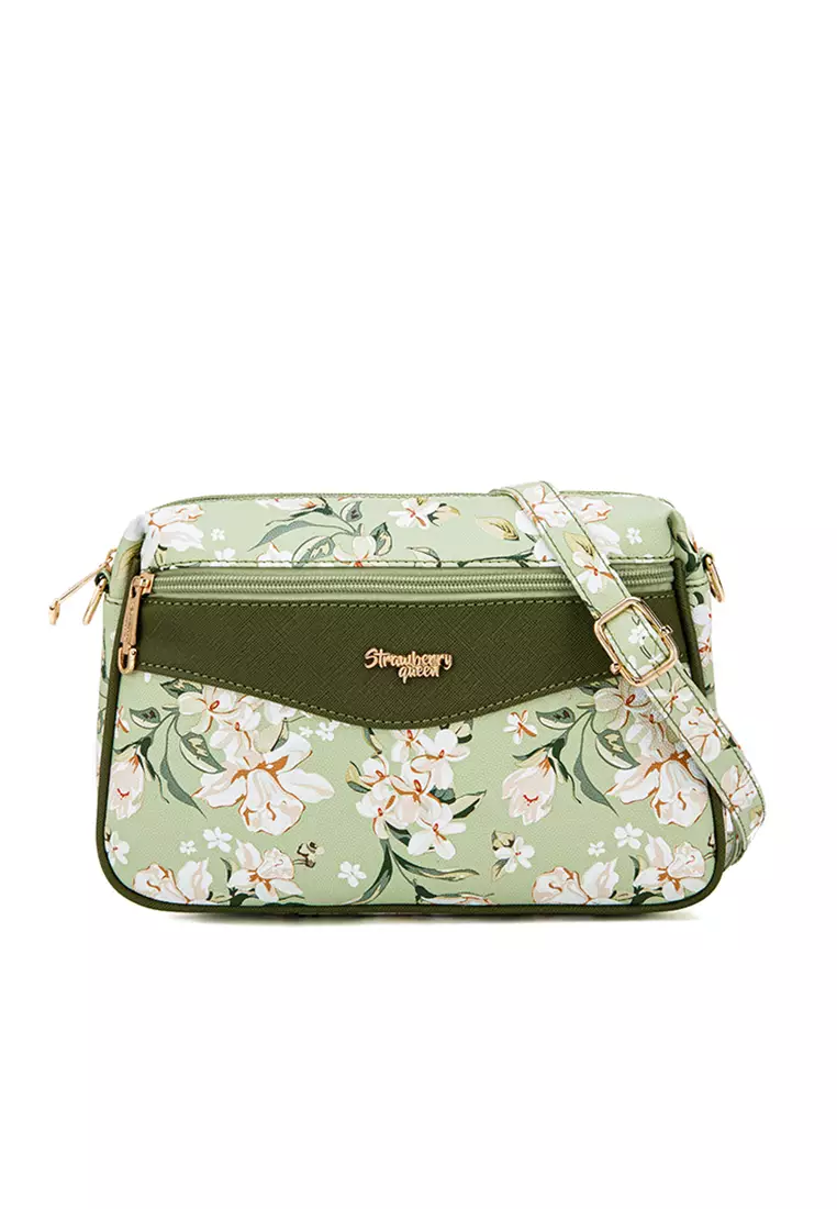Strawberry Queen Coco Sling Bag with Gold Chain Strap Floral AM Green