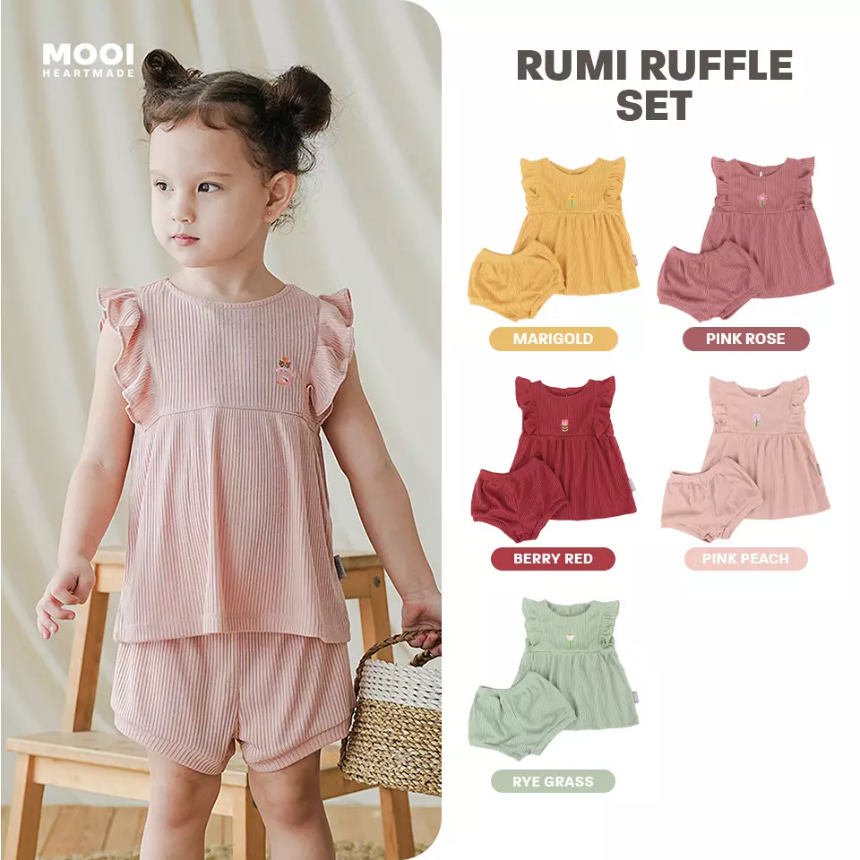 Mooi Setelan Anak Perempuan Rumi Rib Ruffle Set - Pink Rose