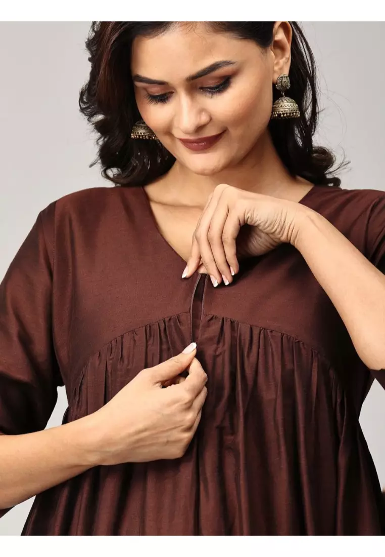 Cozy Cafe Maternity And Nursing Silk Kurta Set - Brown