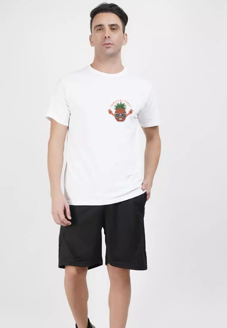 热带水果图案白色棉质短袖标准版型 T 恤