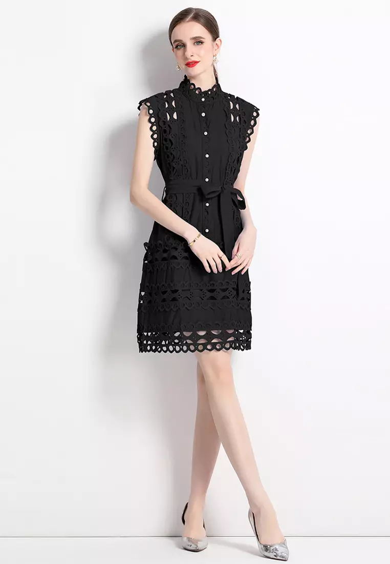2025夏季圓領無袖蕾絲連衣裙CA24032624BK