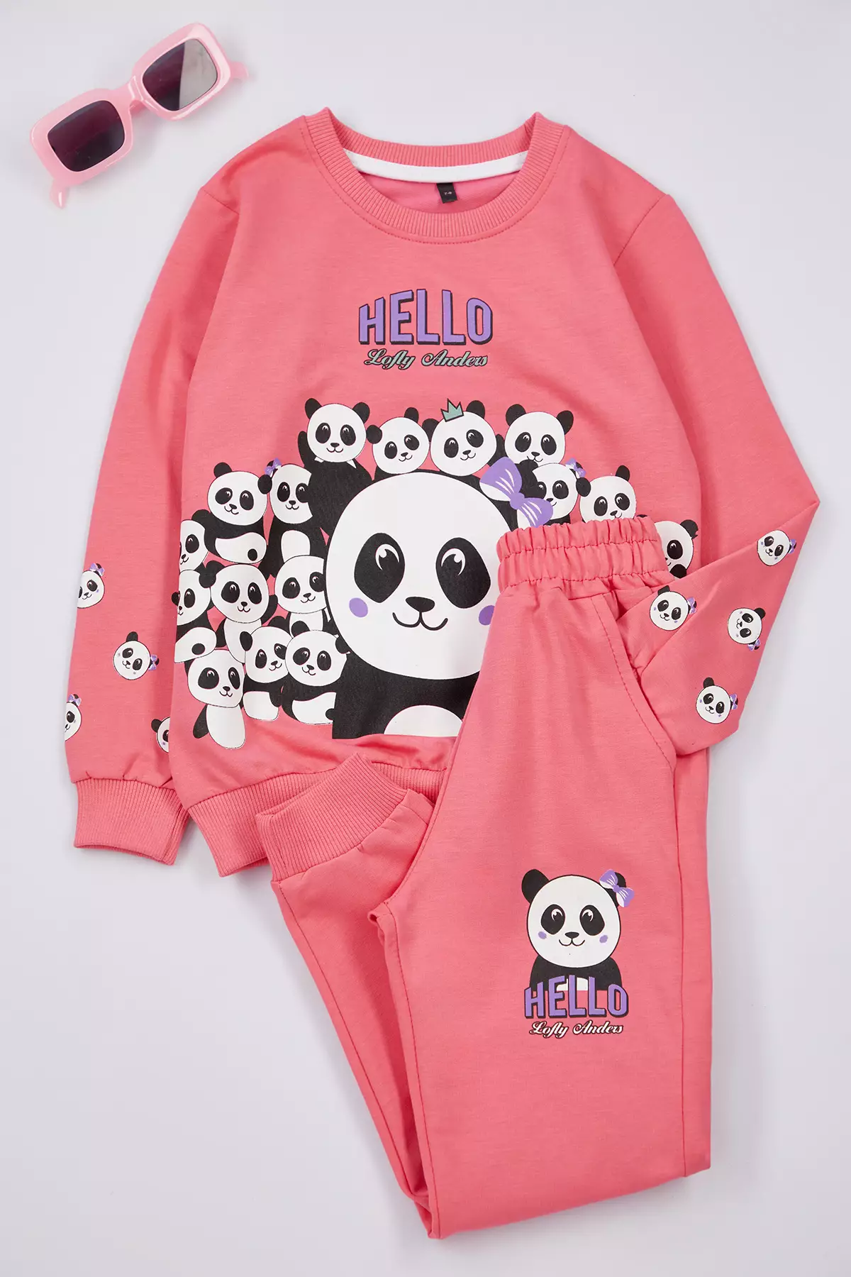 Fuchsia Panda Patterned Girl's Pajama Set - Knitted Bottom-Top Set Tkdaw25Au00077