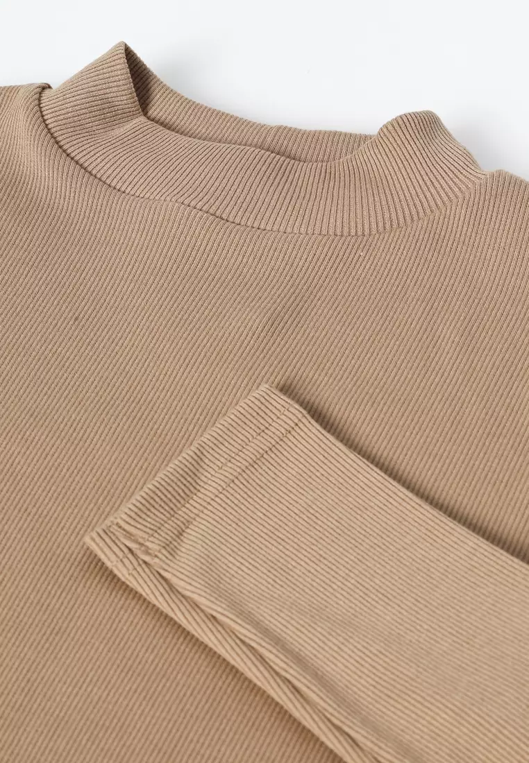 KHAKI RIB HIGH NECK T-SHIRT