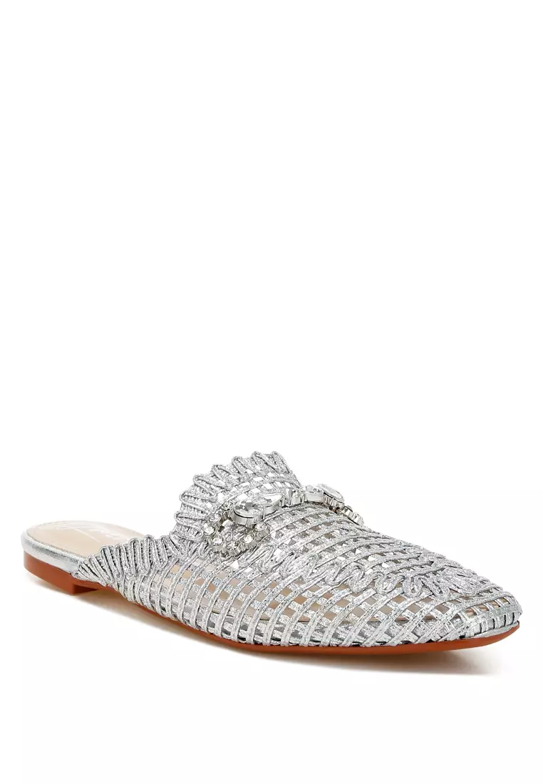 Metallic Woven Diamante Mules in Silver