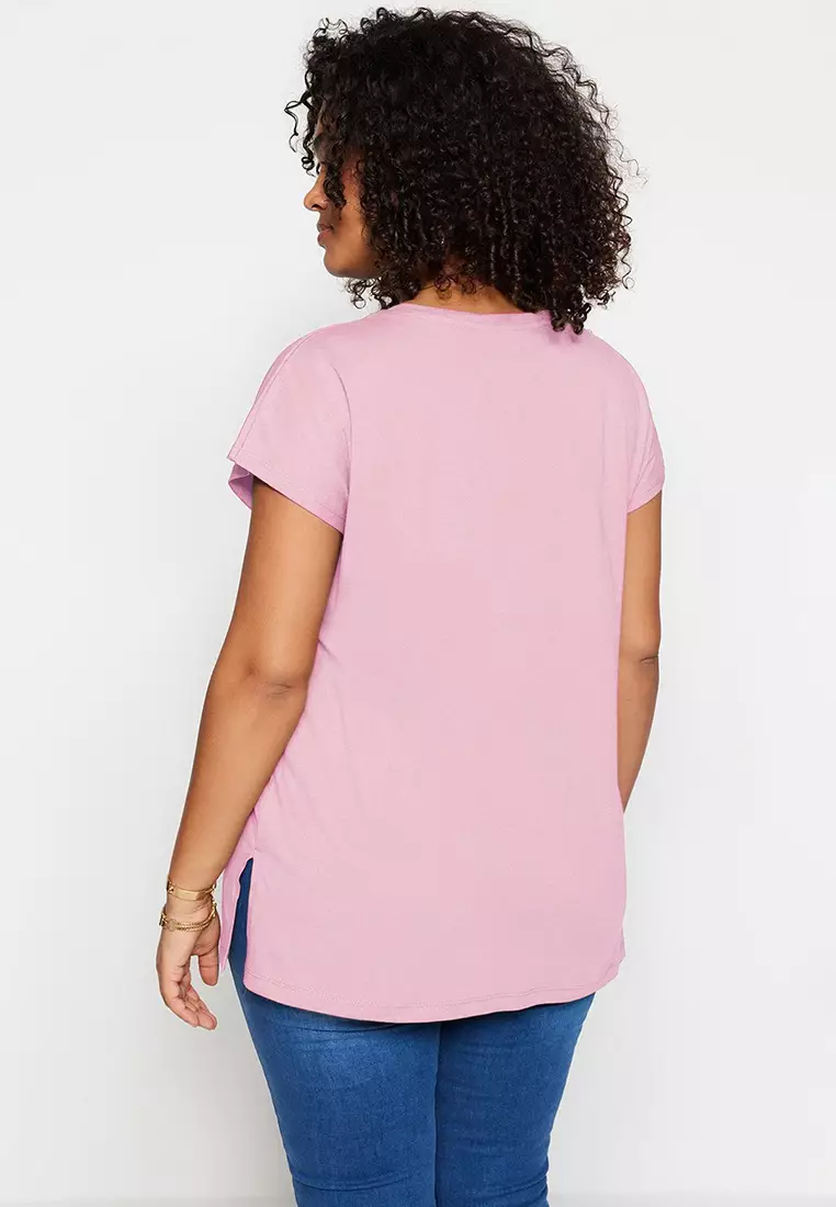Pink Boyfriend V Neck Slit 100% Cotton Knitted T-Shirt TBBSS22BF0036