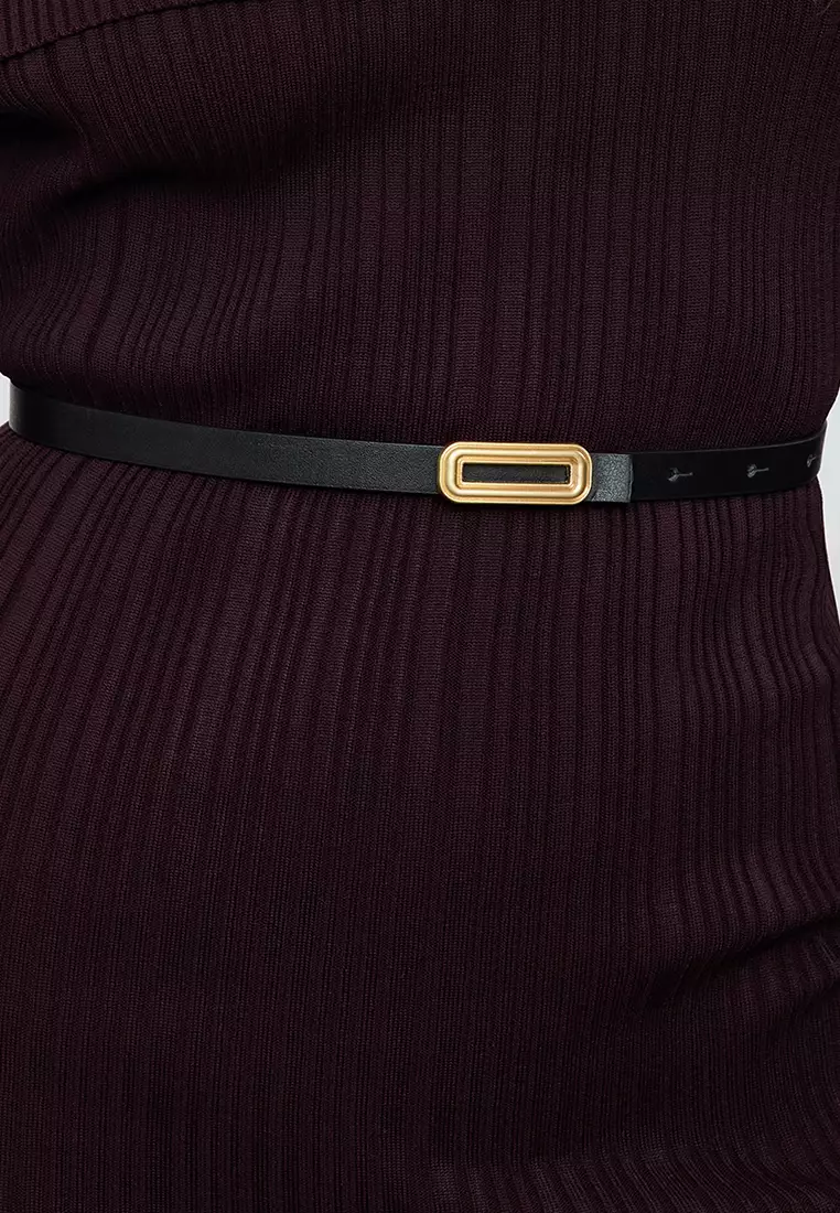 Black-Burgundy Buckled 2-Pack Leather Look Belt