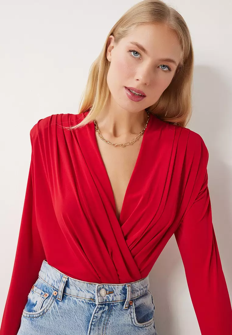 Women's Red Wrap Collar Padded Snap Sandy Blouse Zh00039