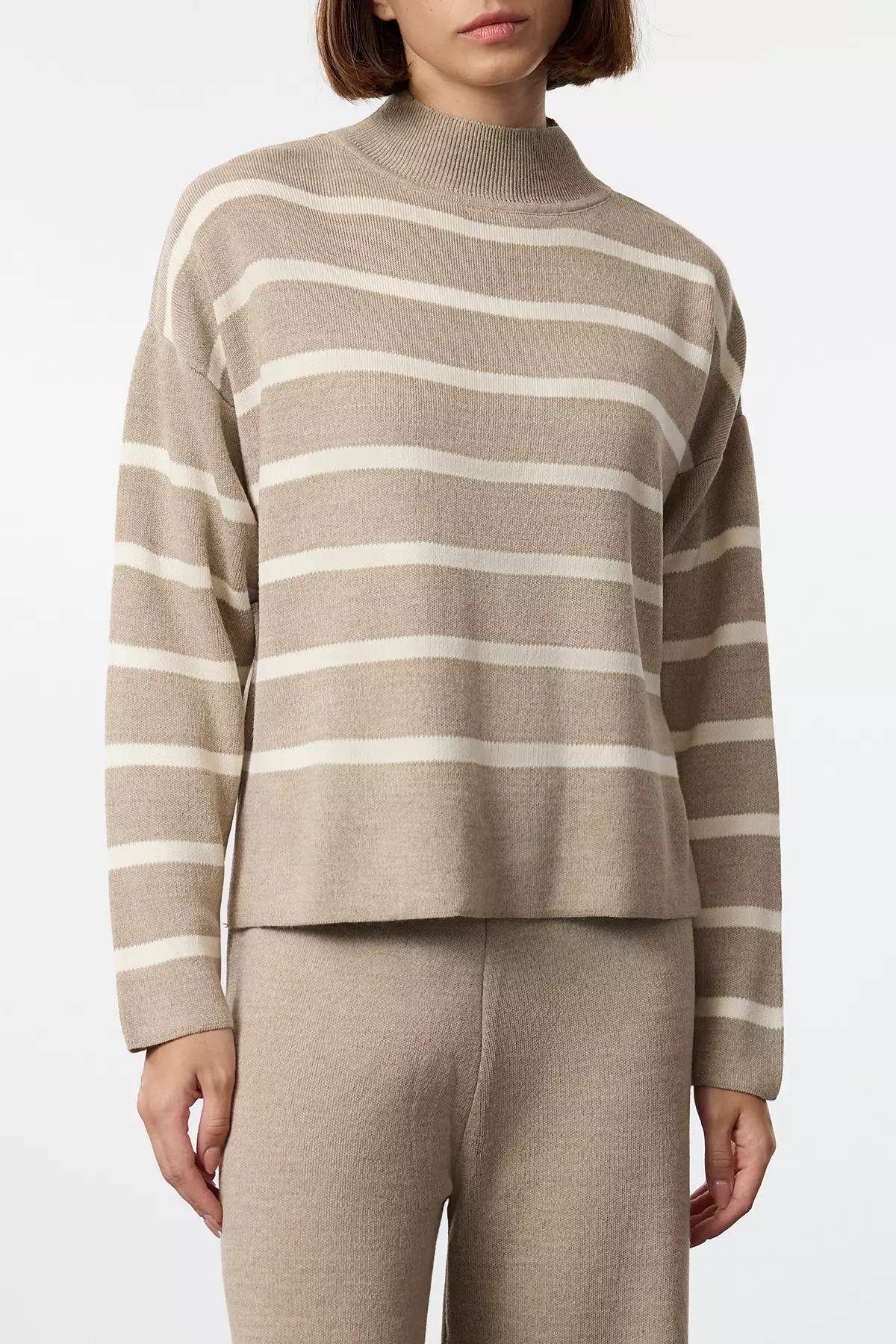 Beige Striped Knitted Trousers Top-Bottom Set TWOAW24AU00045