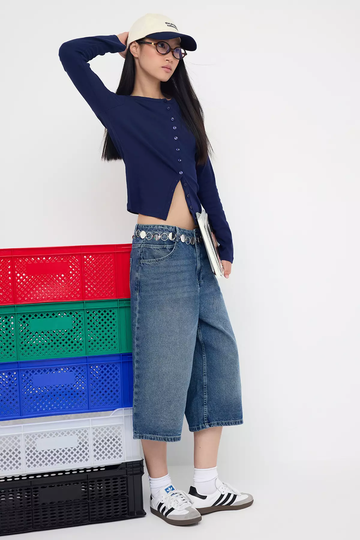 Teen Wardrobe Essentials – Navy Blue Button-Down Stretch Knit Blouse | Twoaw26Bz00007