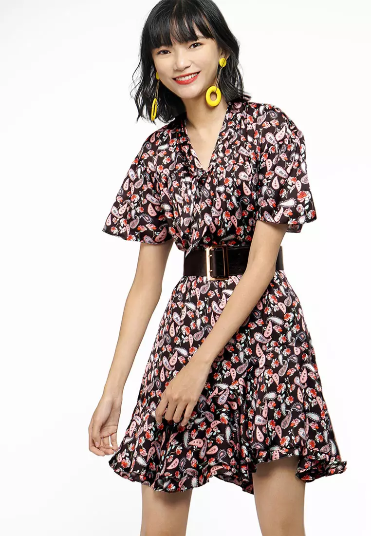 Printed Belted Dress With Tied Neck