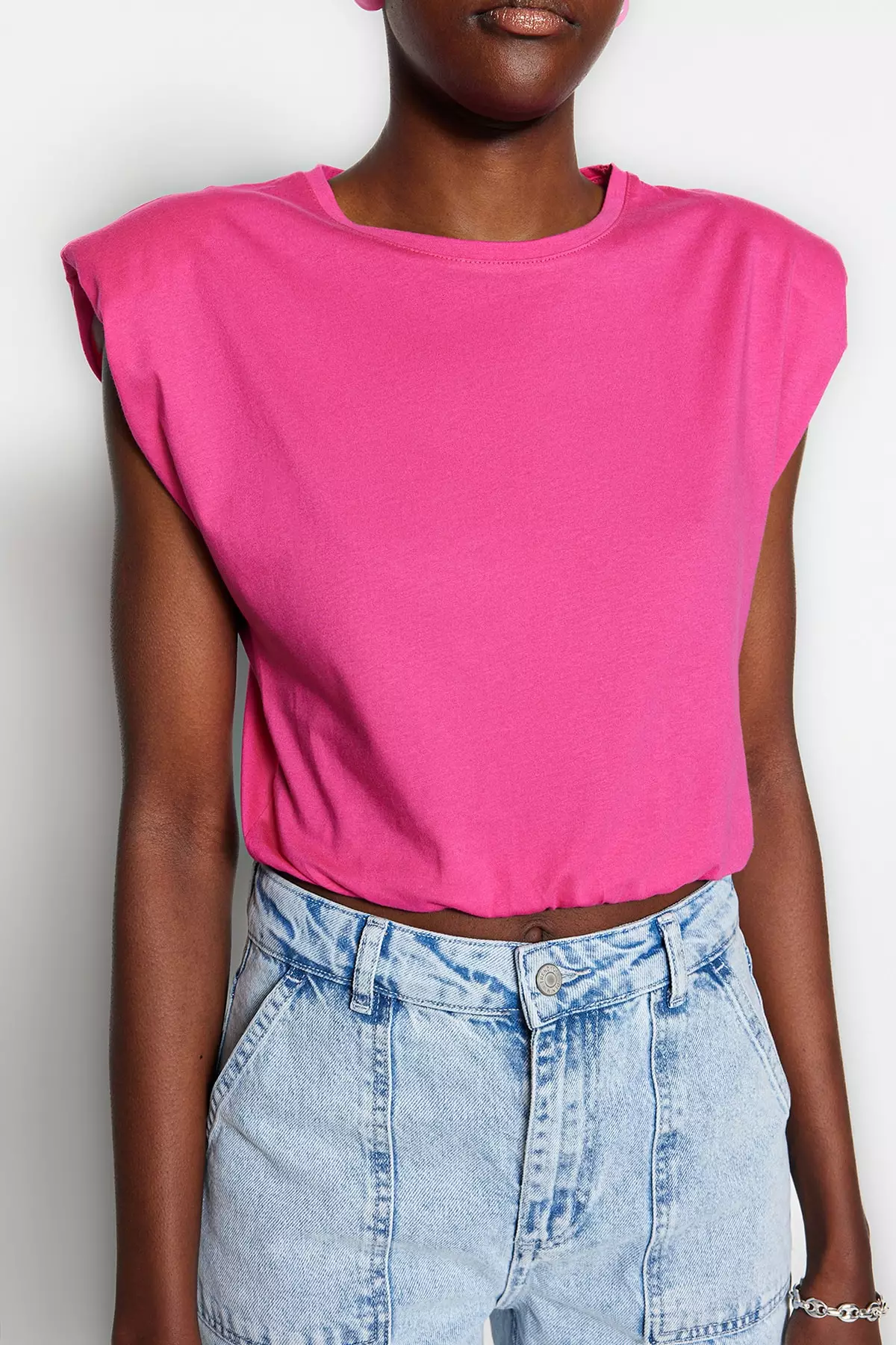 Fuchsia Padded Crop Crew Neck Knitted T-Shirt