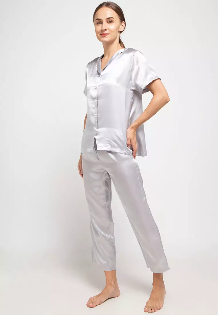 Pyjama Baju Tidur Set  Short  Sleeve  Long Pants Satin Sleepwear
