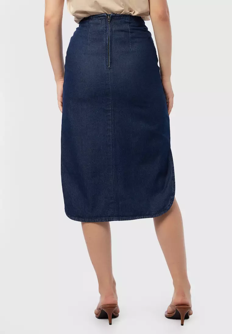 Denim Midi Skirt with Side Slit DARK BLUE