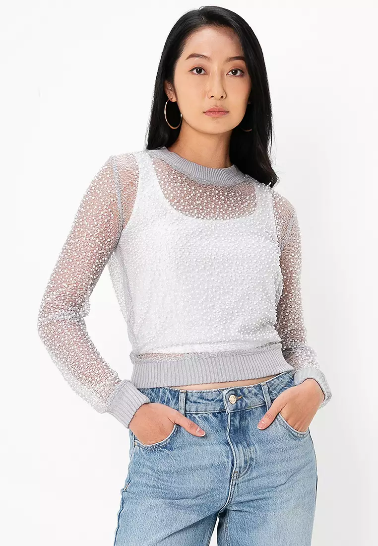ZARA Pearl And Sheer Woven Sweater 2025 | Buy ZARA Online